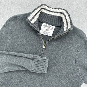 Aeropostale Quarter Zip Men's Medium Pullover Sweater Dark Gray Cotton Collar
